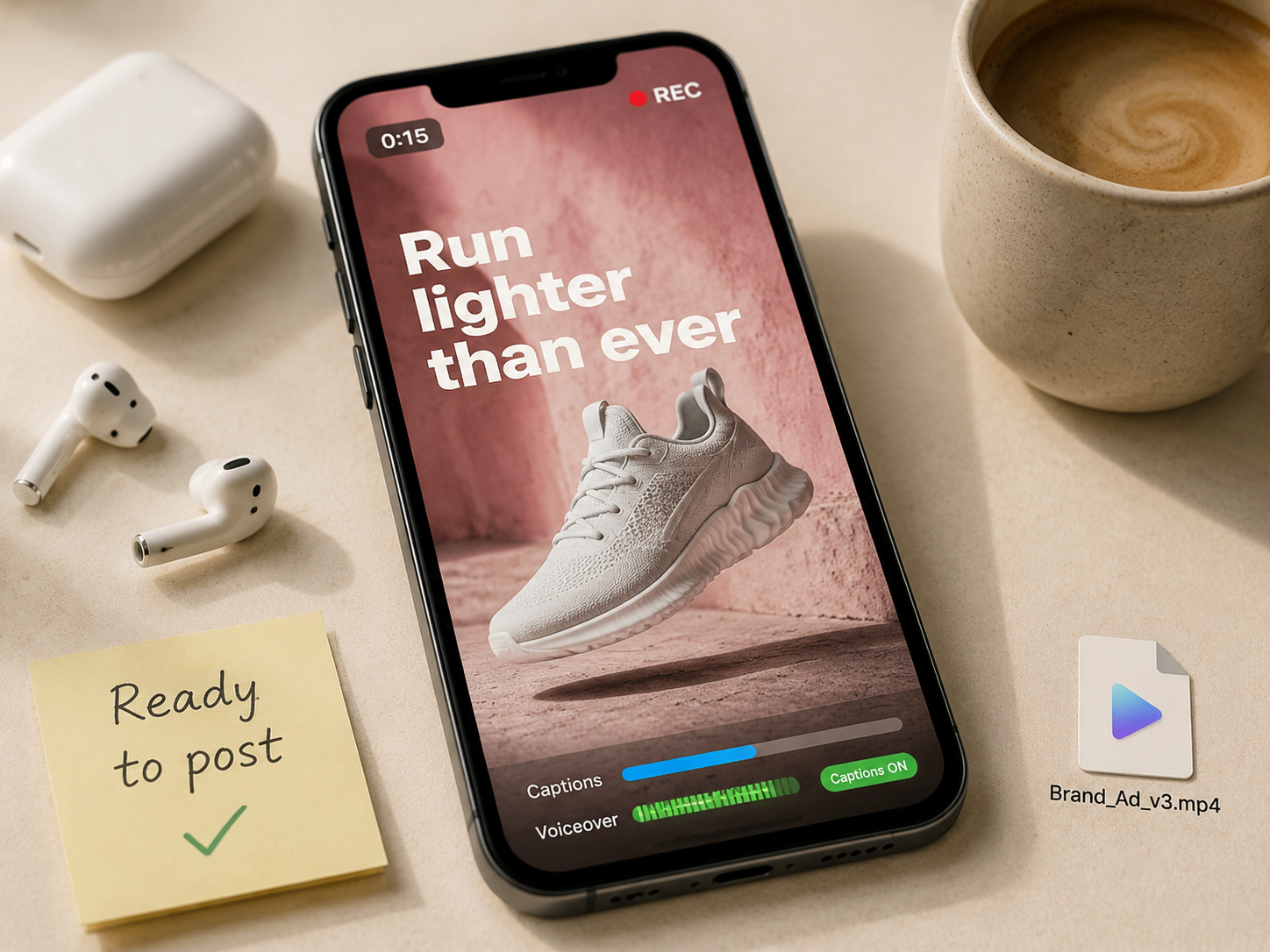 Phone screen showing a finished vertical 9:16 sneaker ad with captions and voiceover indicators