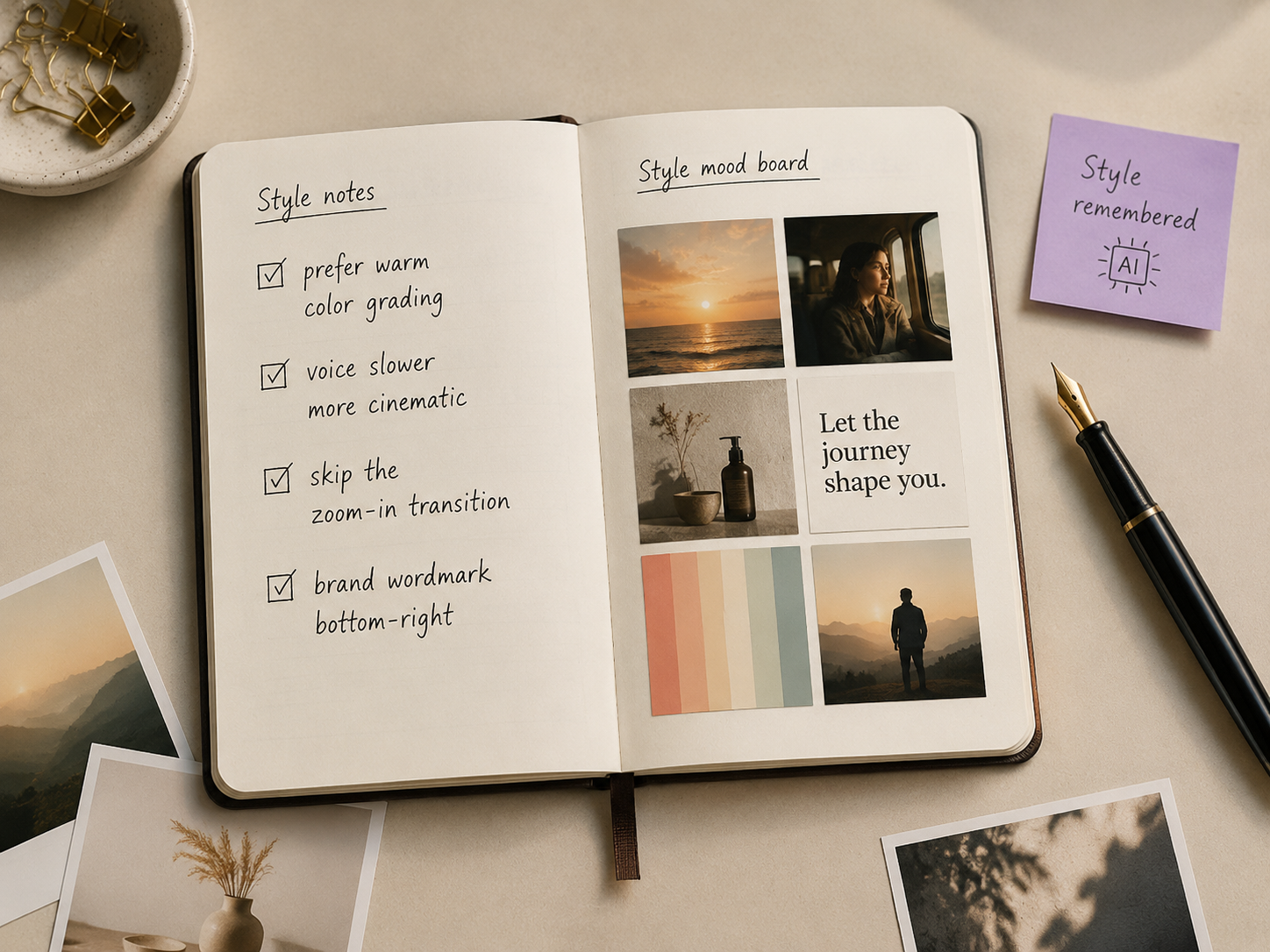 Open notebook with handwritten style notes checked off beside a mood board of reference images
