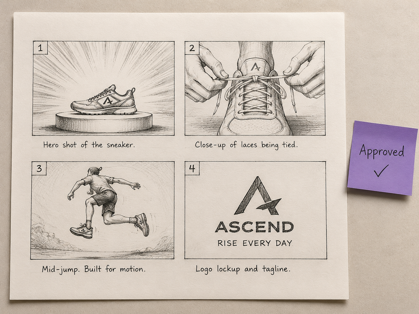 Hand-drawn four-panel storyboard on a desk with a purple Approved sticky note